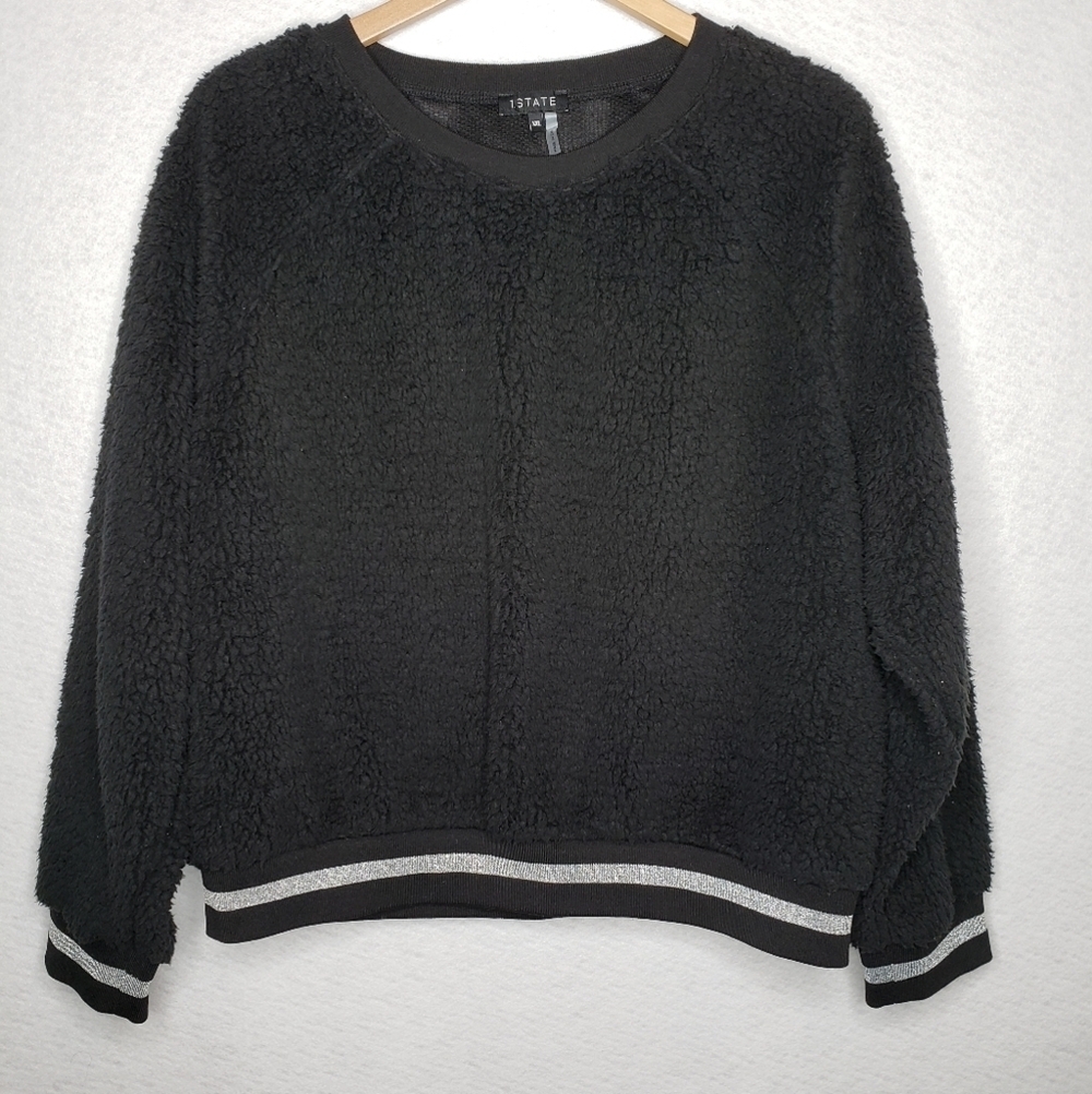 1. State Black Fuzzy P/O Sweatshirt W/ Metallic Strips On Bottom & wrist